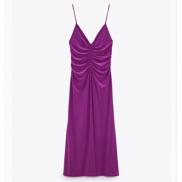 Zara Midi Dress with Ruching in Purple | M - Picture 1 of 6